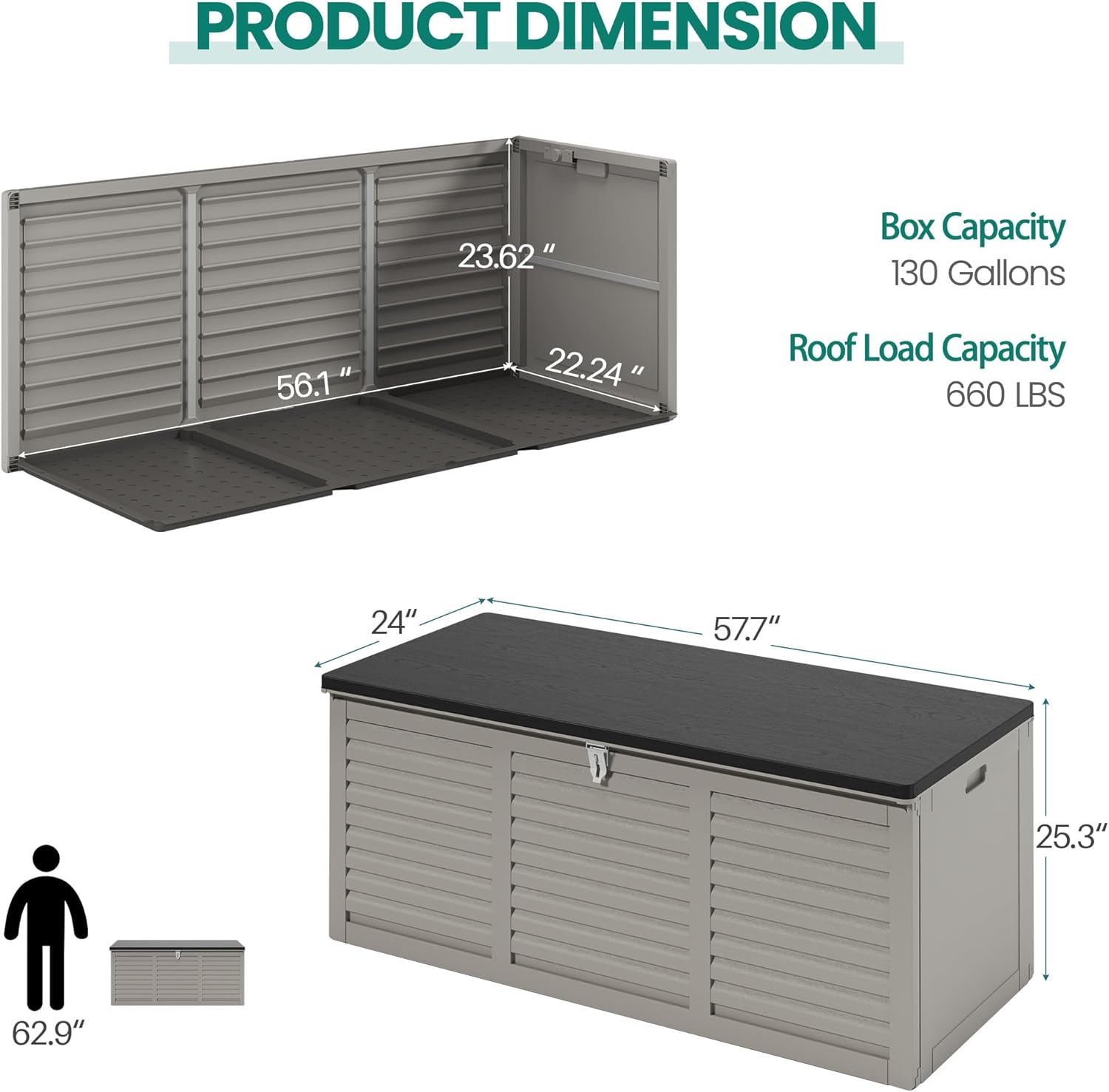 130 Gallon Outdoor Deck Box, Waterproof Resin Box with Lockable Lid, UV-Resistant for Cushions, Garden Tools & Pool Accessories (GRAY), Patio Furniture