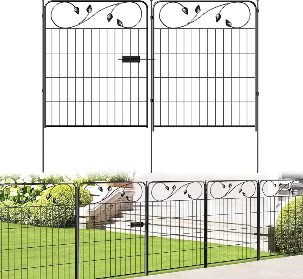Decorative Metal Garden Fence 30in(H) X16ft(L) 1 gate+7 Panels Temporary Dog Fence Border for Landscape Patio Outdoor with gate, No dig Garden Fencing Gates for Yard