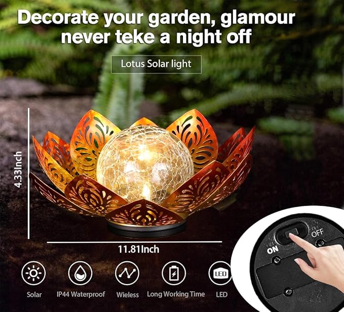 12 inches Solar Lights Outdoor Garden, Crackle Globe Glass Lotus Decoration, Waterproof LED Metal Flower Lights for Patio,Lawn,Walkway,Tabletop,Ground Gardening Gifts (Gold Hollow)