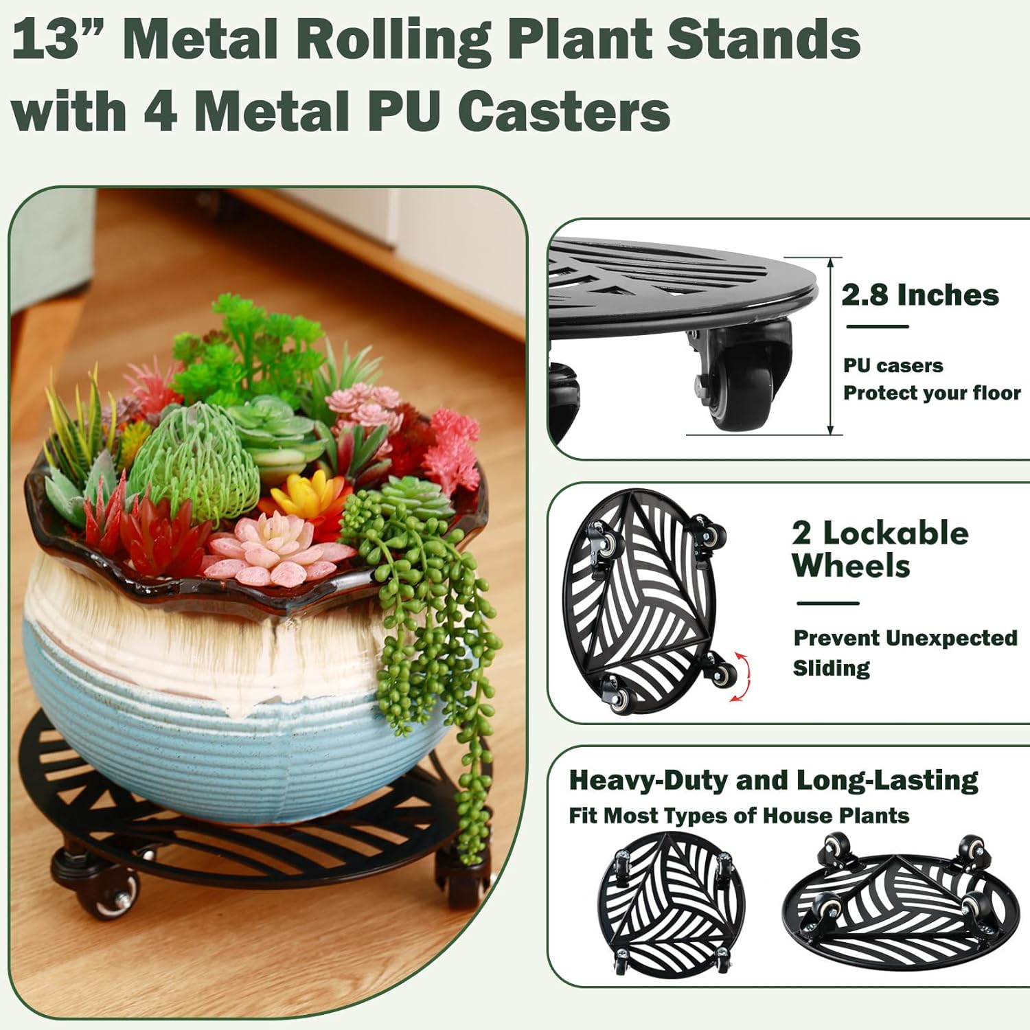 1 Pack 13 inches Metal Plant Caddy with Wheels Heavy-duty Large Iron Rolling Plant Stand with Casters Indoor Outdoor Wheeled Plant Roller Base Pot Movers Plant Dolly Coaster Trolley Black