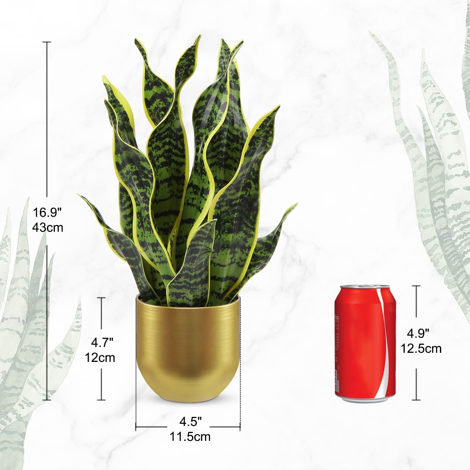 Hollyone Artificial Snake Plant Potted Faux Sansevieria Trifasciata Plants, 16.9" Tropical Mother in Law Tongue Fake Plants in Metal Gold Pots for Home Office Room Indoor Decor Housewarming Gifts