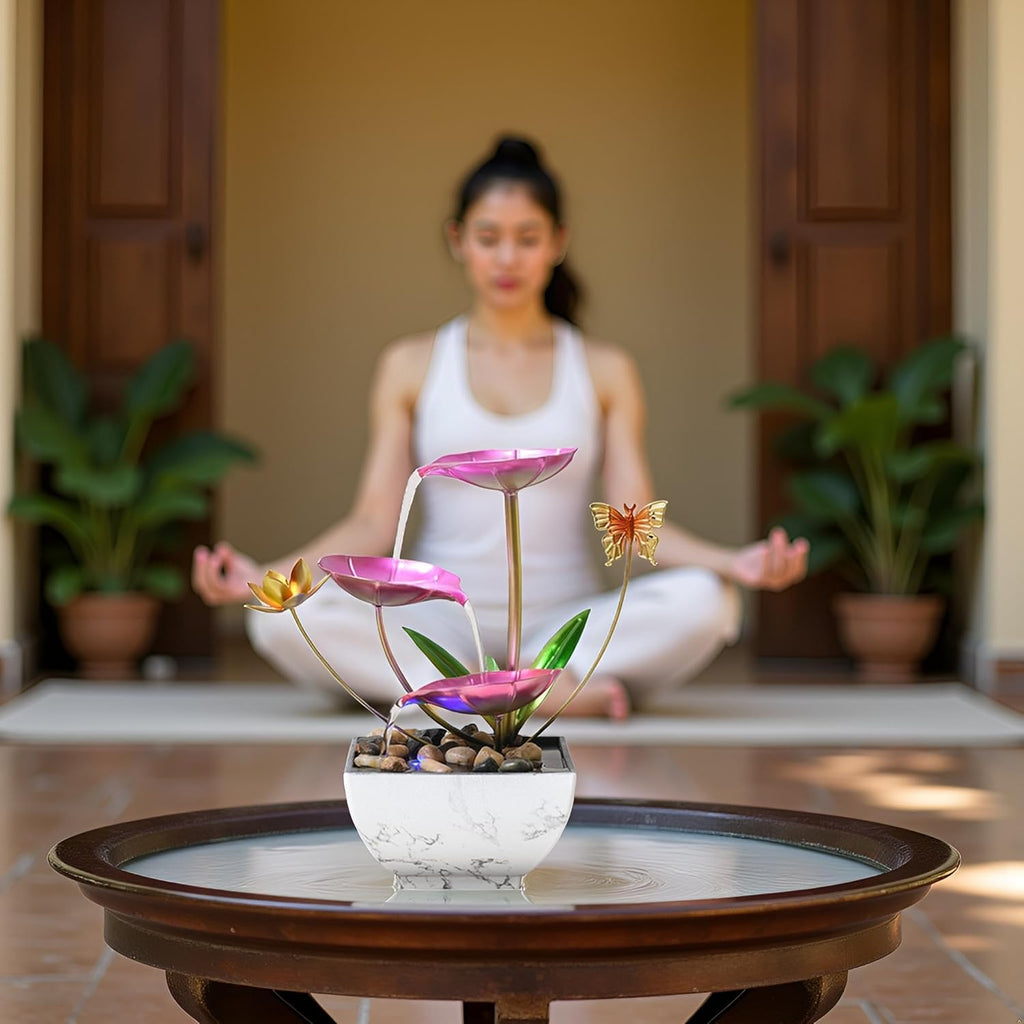 Pink Tabletop Water Fountain, USB Desktop Sleep Waterfall, Women Office Decor, Zen Garden for Desk