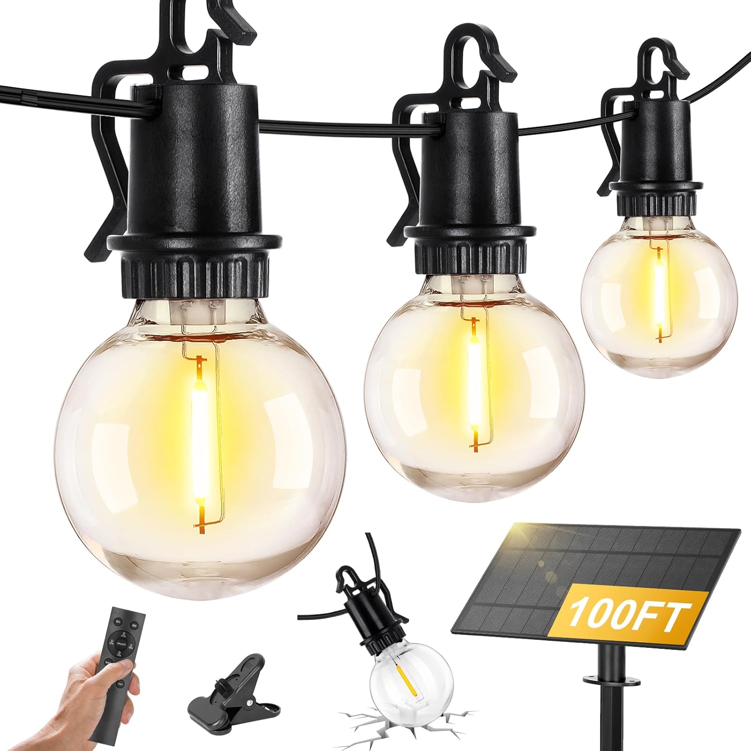 ZJOJO Solar Outdoor String Lights Waterproof, 100FT G40 Globe Patio Lights String Lights Solar Powered with 50 Edison Bulbs 2700K Shatterproof Hanging Lights for Porch Backyard Pergola Bistro