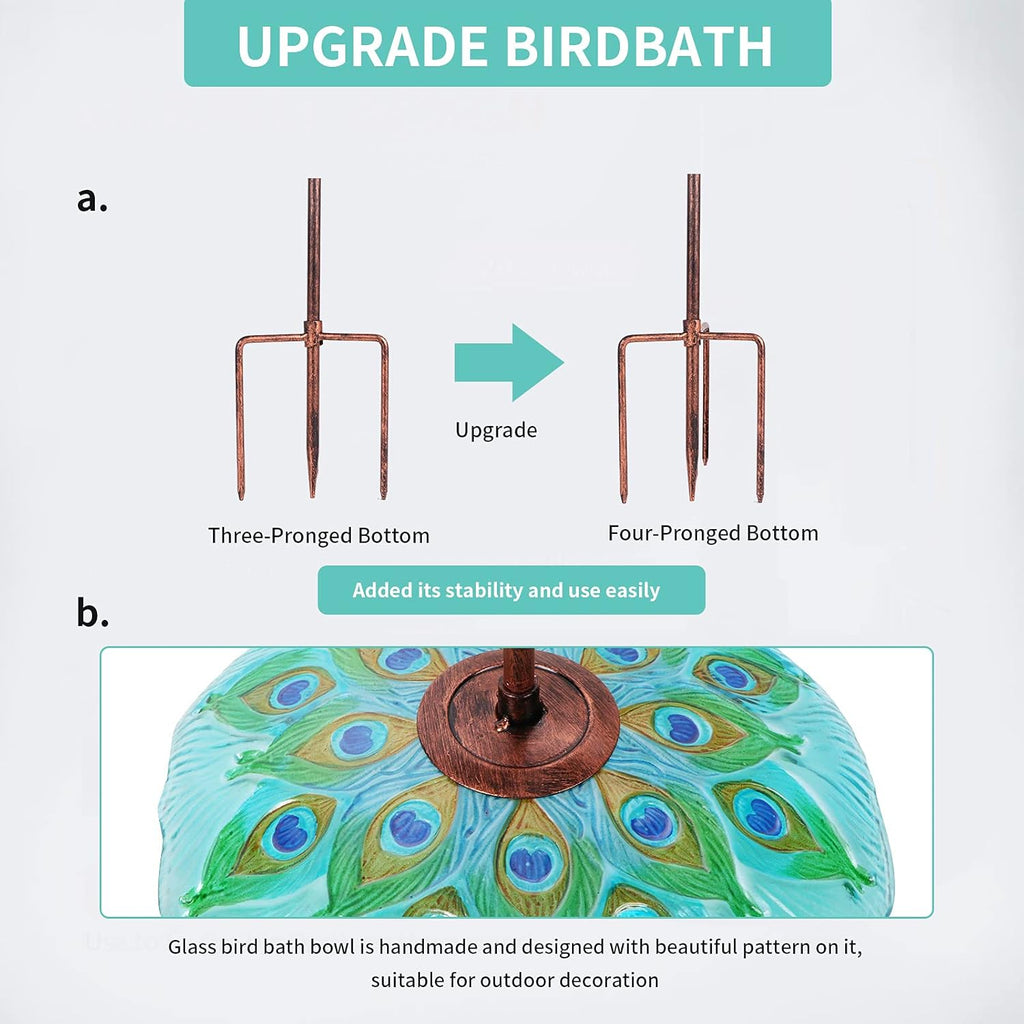 MUMTOP Glass Bird Bath, Garden Outdoor Birdbaths Birdfeeder with Metal Stake Peacock