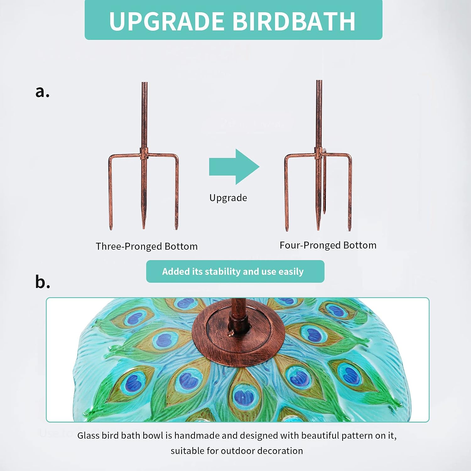 MUMTOP Glass Bird Bath, Garden Outdoor Birdbaths Birdfeeder with Metal Stake Peacock