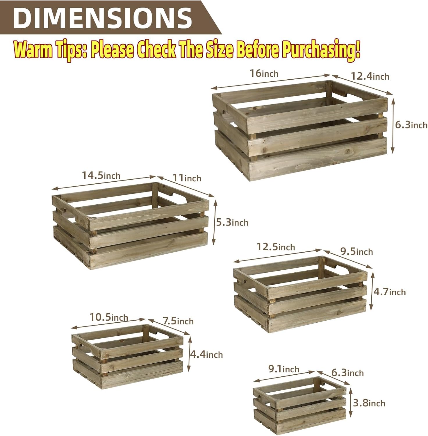 5-Piece Farmhouse Wooden Crate Set - Rustic Wooden Crates for Display and Storage, Large Grey Decorative Crates, Farmhouse Apple Crates, Painted Wood Crates for Decor