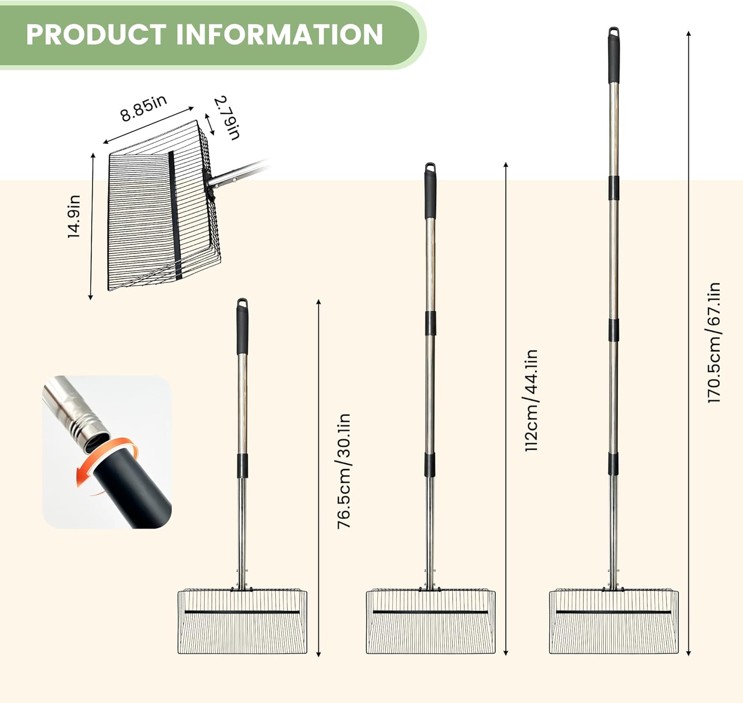 Chicken Poop Scooper for Sand + Work Gloves，Chicken Coop Scoop with 30" to 67" Adjustable Stainless Steel Long Handle，Sifting Shovel，Poop Scooper for Chicken Coop Rake，Farm Animals，Cleaning Tools
