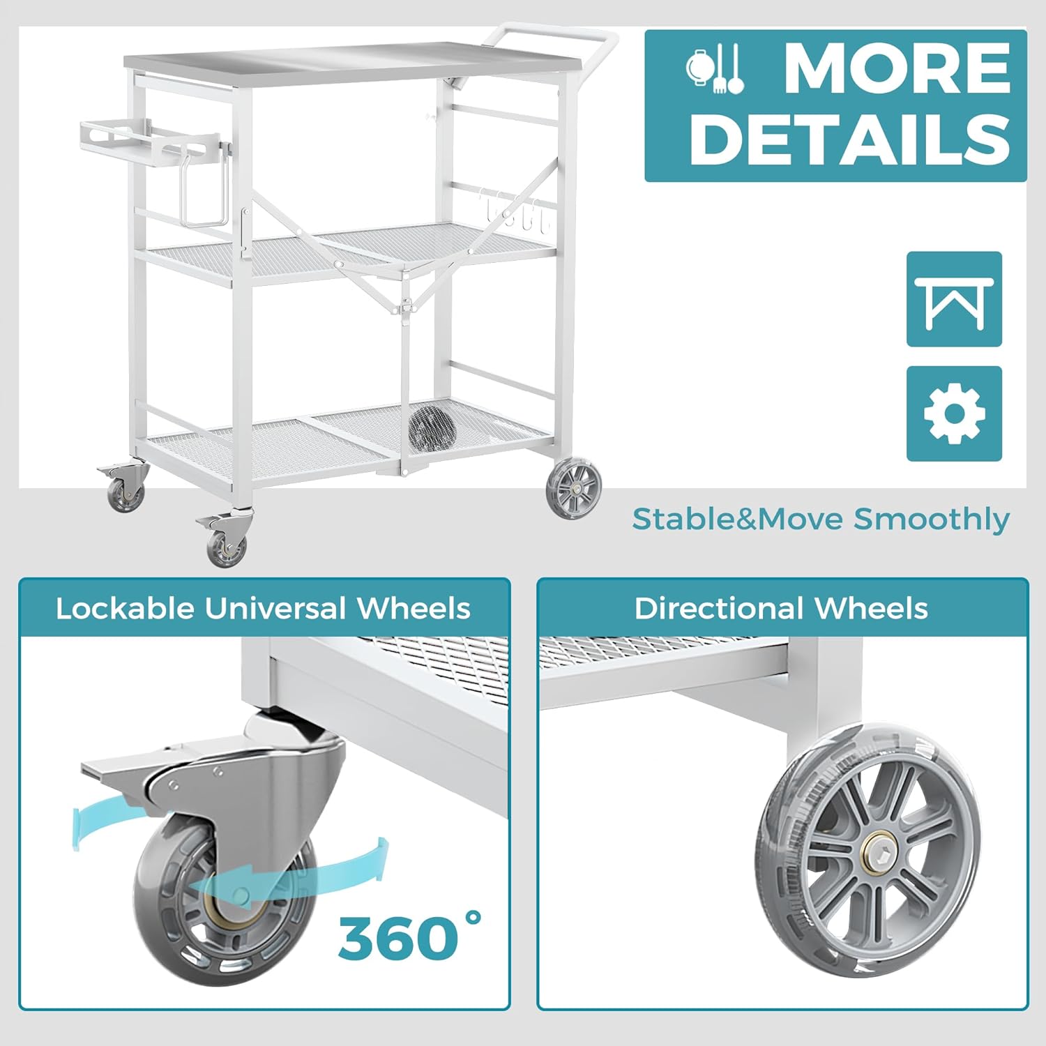 Ciokea Folding Outdoor Grill Cart with Wheels, 3-Shelf Grill Table with 27x18 in Stainless Steel Top, Rolling Pizza Oven Stand, Metal Portable Cart for BBQ Patio Camping (White)