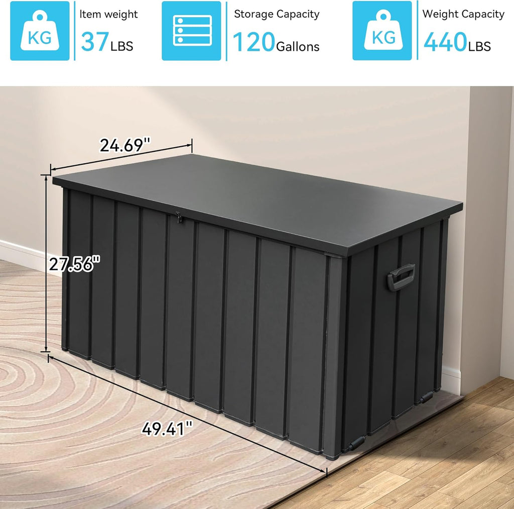 120 Gallon Metal Deck Box,Waterproof Outdoor Storage Box, Large Patio Furniture Storage Chest/Cabinet, Lockable Storage Bench for Porch Package Delivery,Cushions,Tools, Pool, Grey
