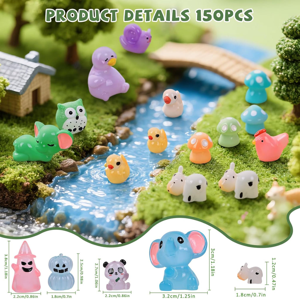 150 PCS Luminous Mini Resin Animals, Glow in The Dark Fairy Garden Decor, Mini Ducks Frogs Turtles Figurines for Aquarium, Terrarium, Slime Charms & Potted Plant Landscape Decoration
