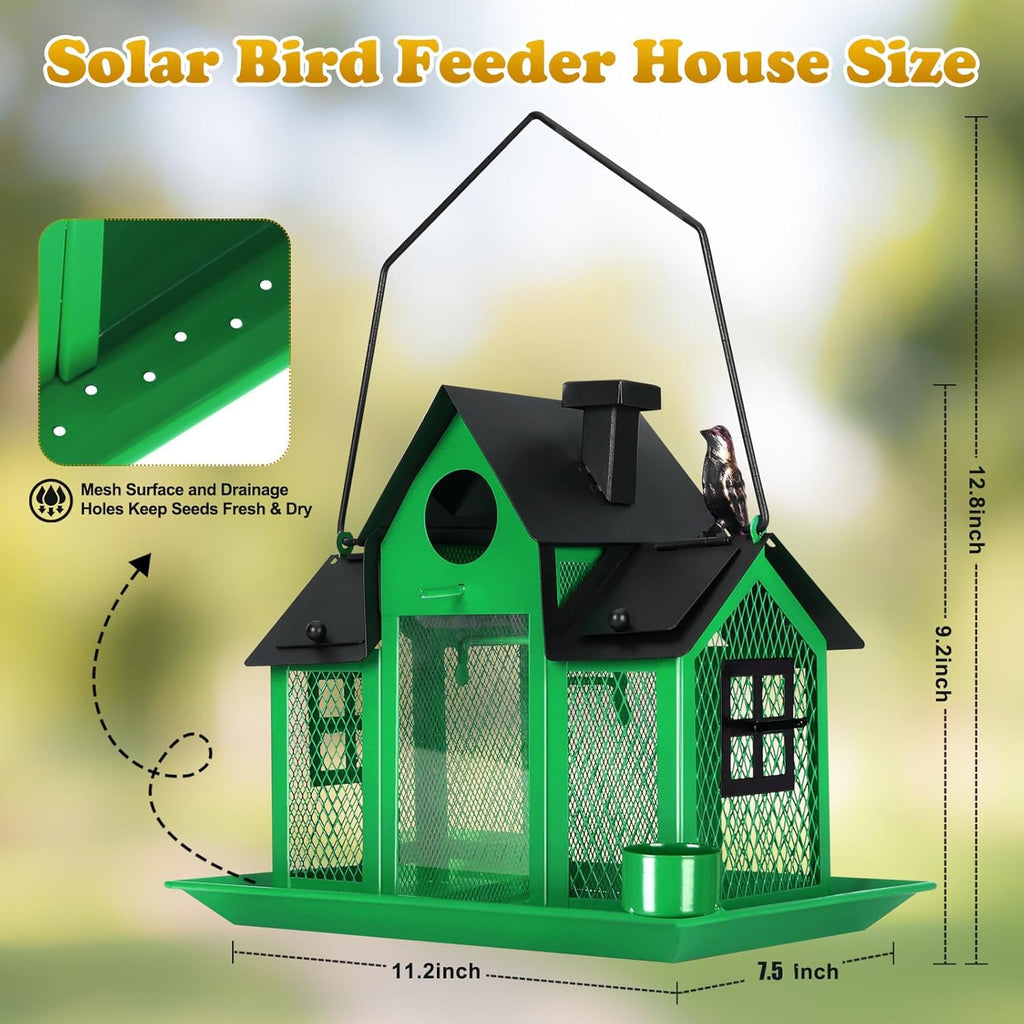 Solar Bird Feeders House for Outside Hanging, Metal Wild Bird Feeder for Outdoors, Large Cardinal Bird Feeder Birdhouses Green