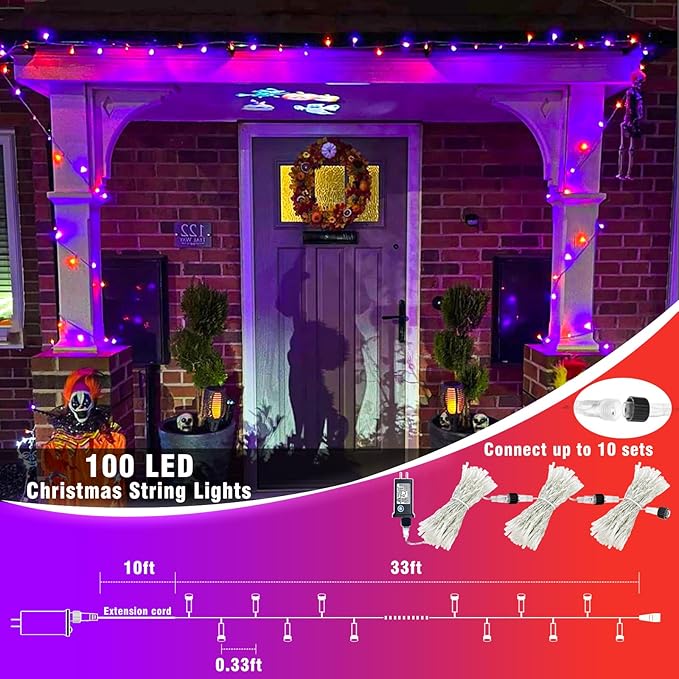 100 LED Halloween Lights Outdoor, 33ft Halloweem String Lights Indoor Clear Wire 8 Modes Waterproof Plug in Twinkle Fairy Lights with Timer Memory for Room Tree Party Decorations, Purple&Orange