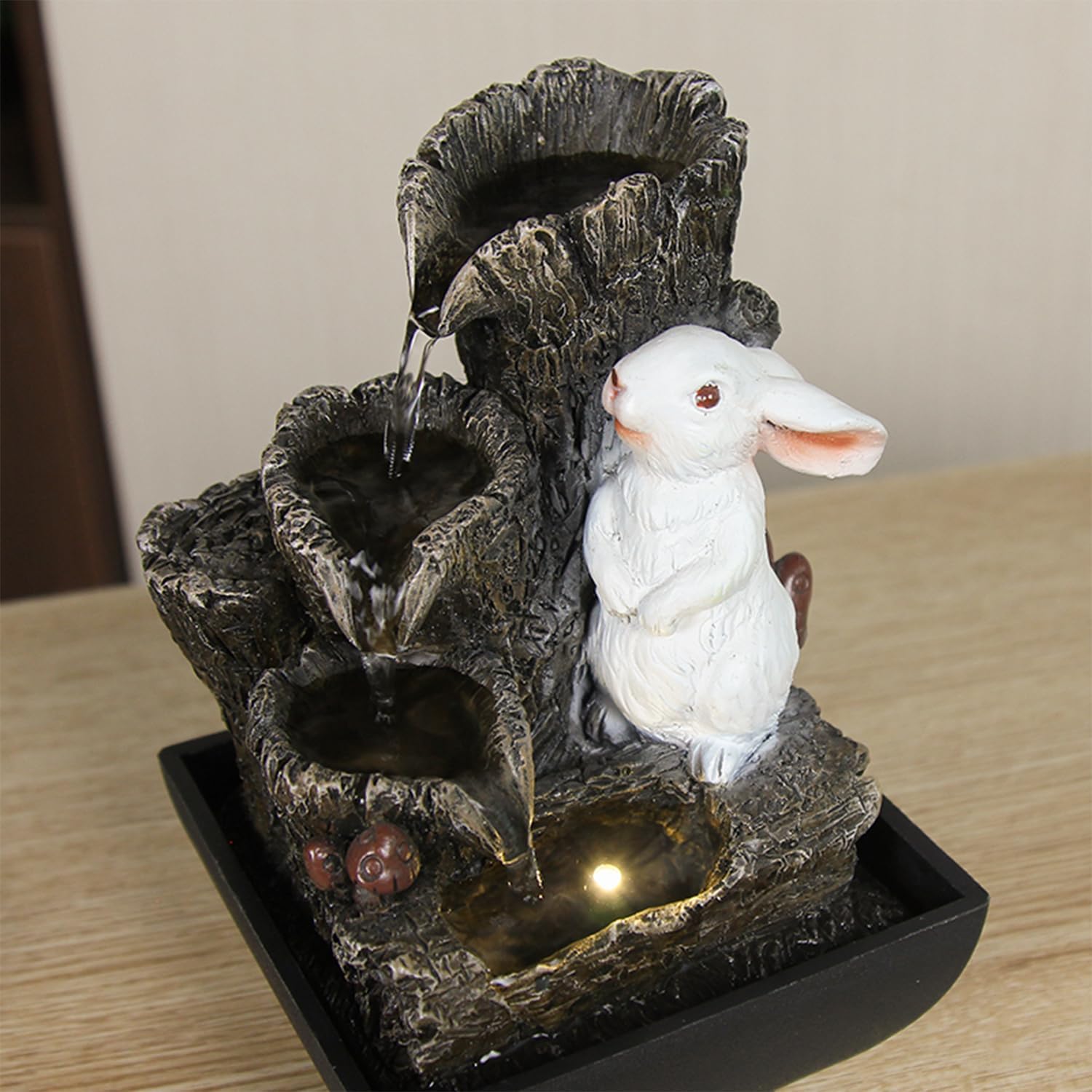 Small Cascading Rock Tabletop Fountain, Cute Little White Rabbit Indoor Waterfall Fountain with Colored LED Lights and Rolling Ball, 3 Tiered Desktop Fountain for Office Home Bedroom