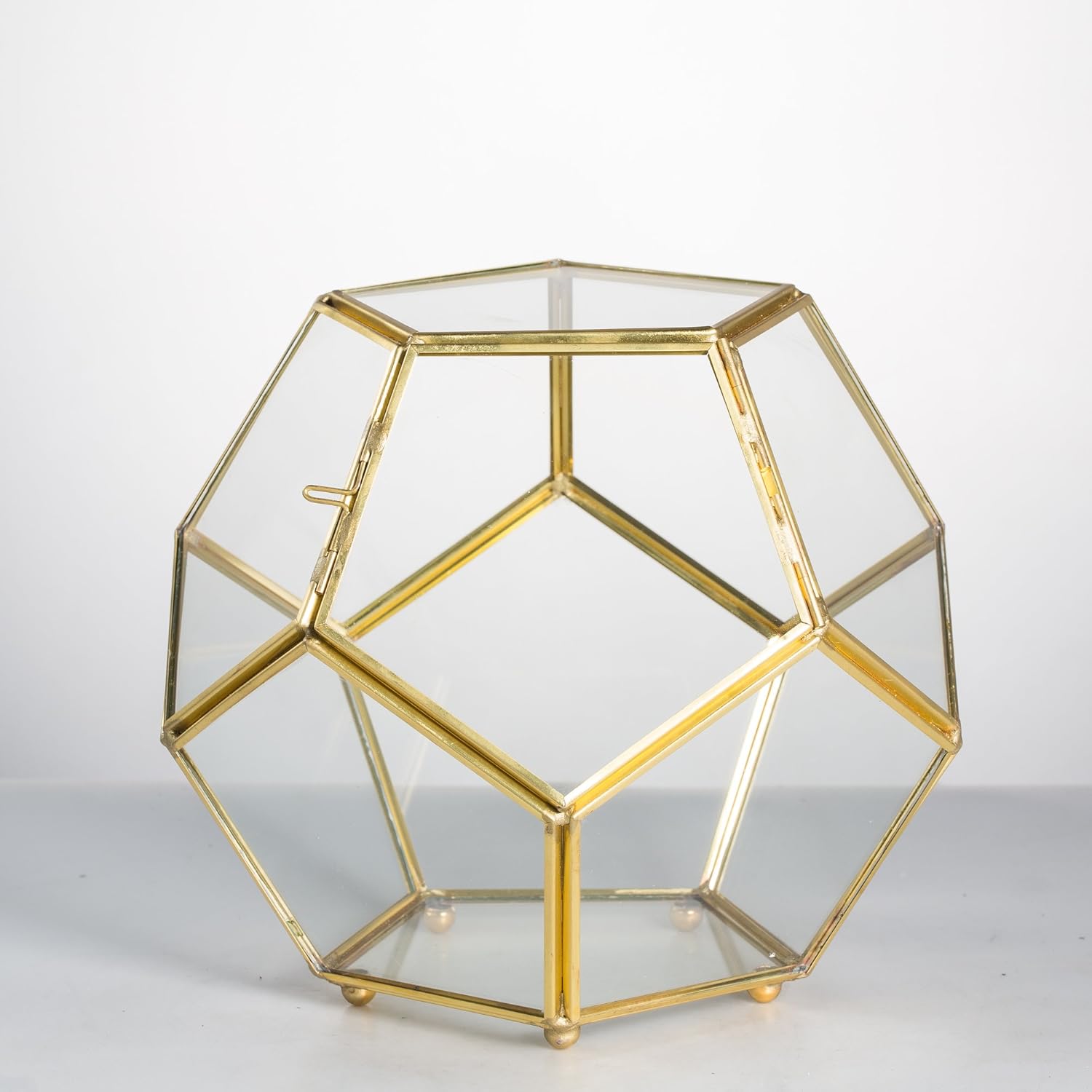 NCYP 6.89 x 6.89 x 5.9 inches Glass Geometric Terrarium Planter with Door and Foot, Pentagon Ball Shape Close Flower Pot for Fern Succulents Plants, Small, Gold (No Plants)