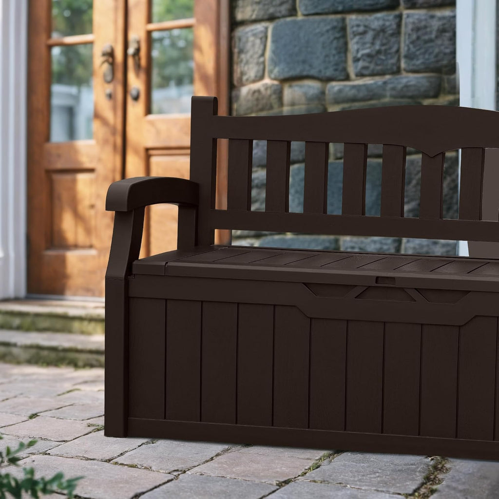 Devoko 80 Gallon Storage Bench Deck Box Lockable for Patio Furniture, Garden Decor and Outdoor Seating for Cushions, Garden Tools and Pool Supplies(Dark Brown)