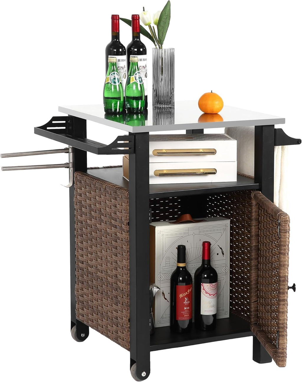 Grill Cart Outdoor with Wheels, Outdoor Prep Table with Wicker Storage and Rolling Wheels, Samll Kitchen Island Serving Cart with Stainless Steel Table Top for BBQ, Porch, Patio, Brown