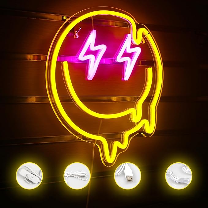 LED Smile Faces Neon Light Signs USB Powered for Wall Bedroom Kids Room Holiday Party Decoration Gifts (Yellow)