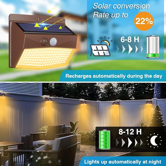 Peasur 6 Packs Solar Outdoor Lights Motion Sensor Solar Security Lights Waterproof with 3 Lighting Modes Solar Powered Wall Lights Outside for Garden Fence Yard Deck, Brown Warm
