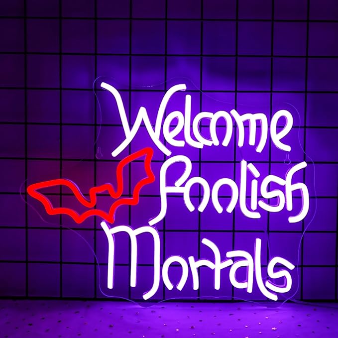 Welcome Foolish Mortals Neon Sign Halloween LED Neon Signs for Wall Decor Halloween Neon Light USB Light Up Sign for Halloween Decor Halloween Party Decoration,Door,Windows,Bar,Man Cave