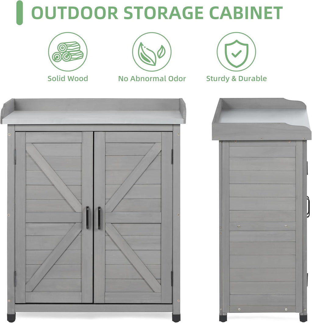 Potting Bench with Storage Cabinet and Metal Table Top for Outdoor Patio, Garden Furniture Wood Workstation (Classsic Grey, 31.5x17x39)