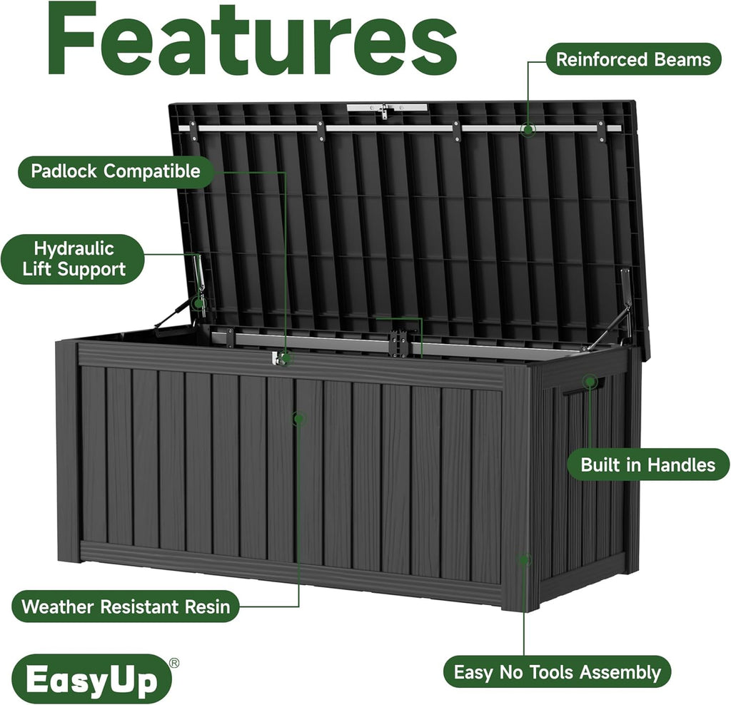120 Gallon Outdoor Storage Box Waterproof, UV Resistant Resin Deck Box with Hydraulic Rod, Reinforced Stability for Patio, Garden, and Pool, Striped Black