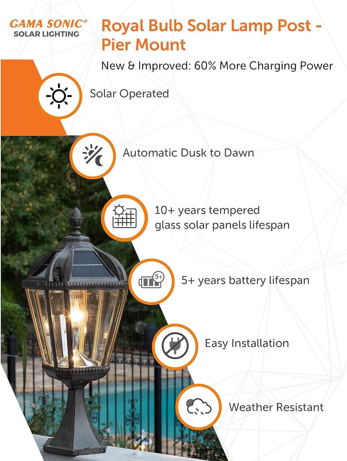 Gama Sonic Outdoor Solar Post Light with Pier Base, Weathered Bronze Finish Aluminum and Beveled Glass, Royal Bulb 150 Lumens Warm White LED, Mount on Column or Flat Surface 98B311, Upgraded Panel