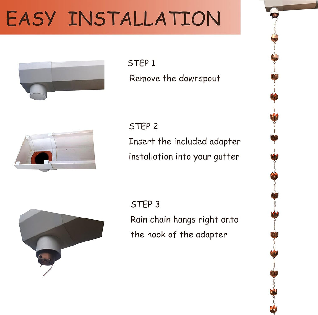 Rain Chains - Pure Copper Lotus Cup Rain Chains for Downspouts. 8.5 Feet Length. Free Gutter Adapter. Windchime and Fountains on Rainy Days.