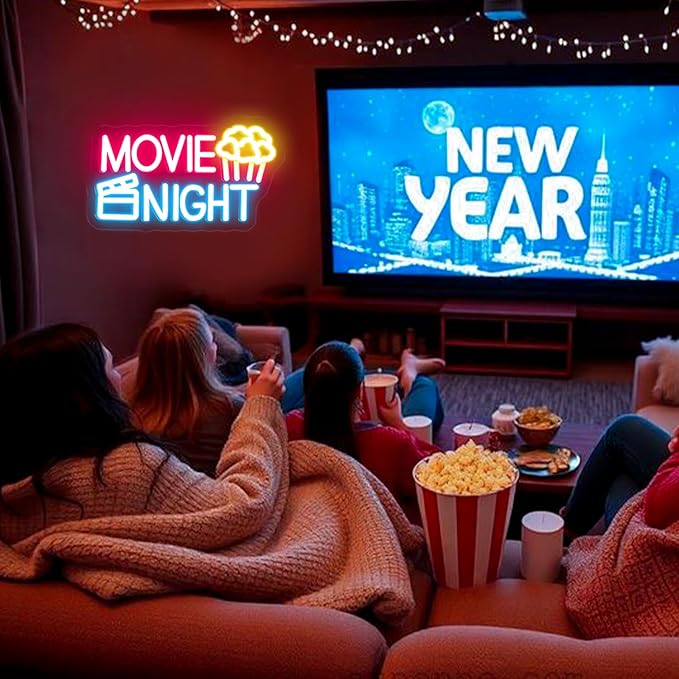 Movie Night Neon Sign With Popcorn Dimmable LED Neon Lights for Wall Decor USB Powered Light Up Signs for Bedroom Living Room Cinema Film Room Man Cave Home Bar Wedding Birthday Party