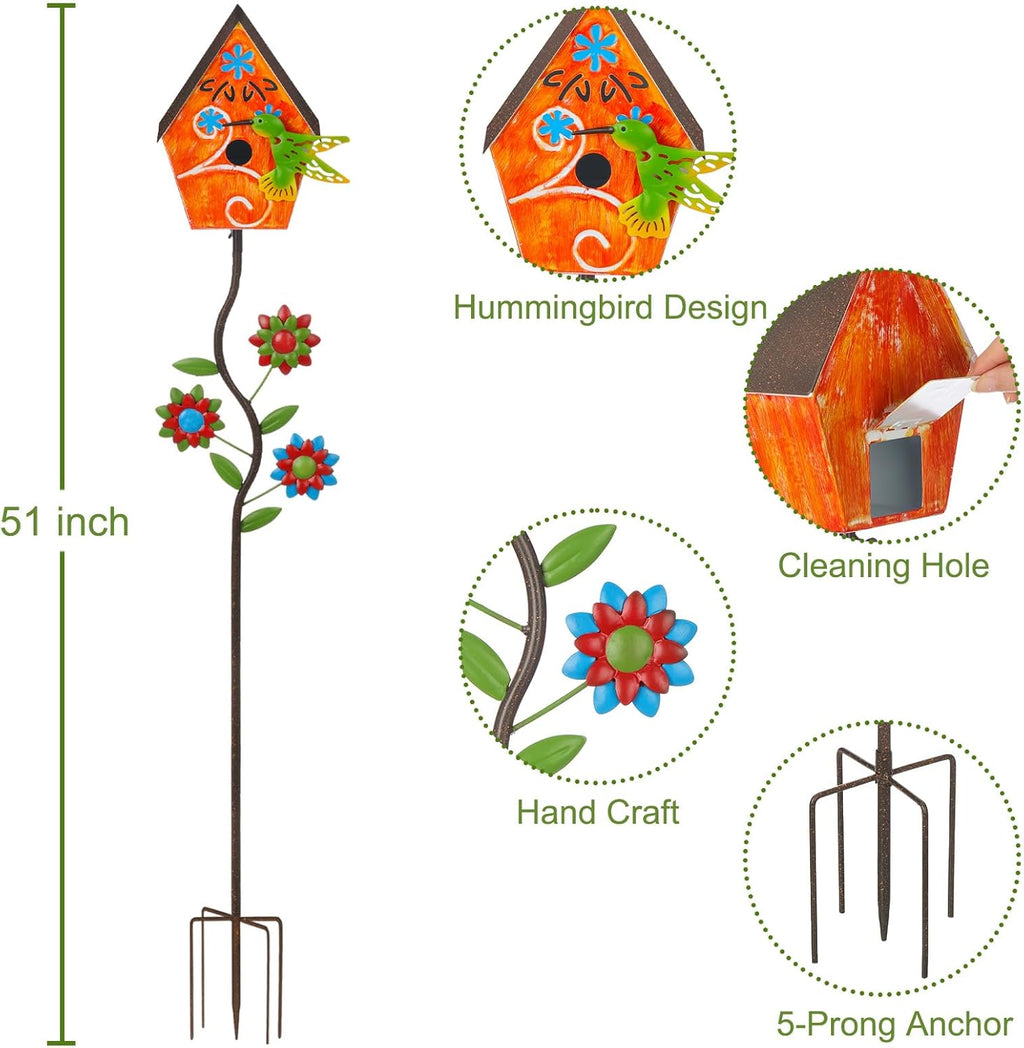 51” Bird Houses Stake for Outside, Metal Wild Bird Feeder Birdhouse Stake Pole with Hummingbird Design Outdoor Decorations for Patio, Backyard, Garden