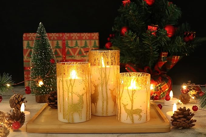 Christmas Deer Flameless Candles with Remote Timer, Glass Battery Operated Pillar Candles with Gold Elk Decor, LED Flickering Candles with 3D Wick and Real Wax for Winter Christmas Home Decor