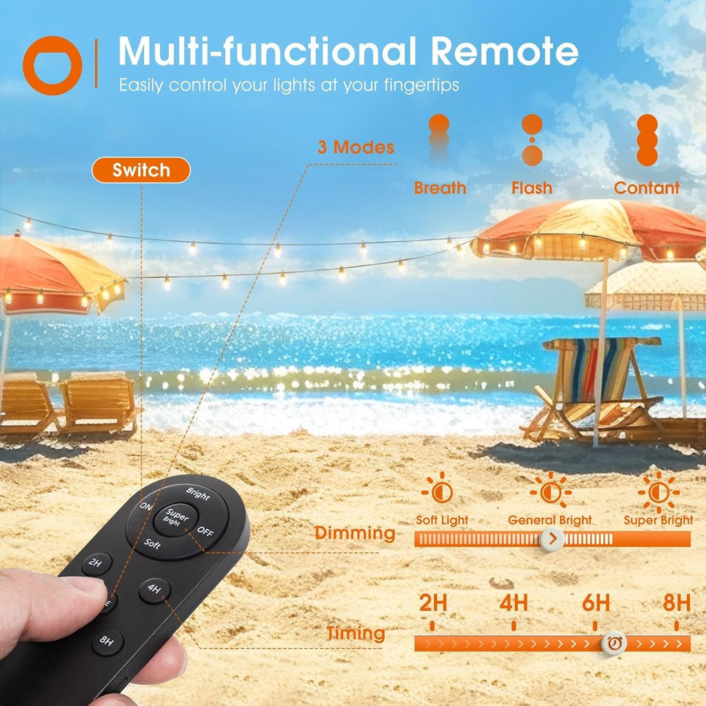 addlon 33FT (27+6) Solar String Lights for Outside Outdoor Waterproof with USB Port & Remote Control Solar Patio Lights Last for 20+Hrs Dimmable Solar Power LED Bulbs Hanging for Porch Garden Bistro