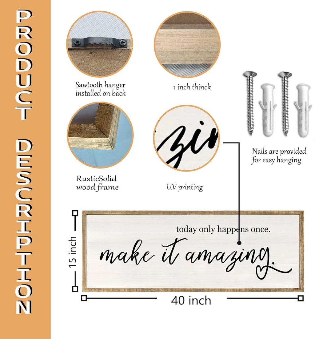 RLWangChao Today Only Happens Once Make It Amazing Wall Art Decor 40x15 Inch Large Inspirational Quote Sign Rustic Living Room Vintage Wood Frame Office Motivational Home Wall Hanging (Wood)