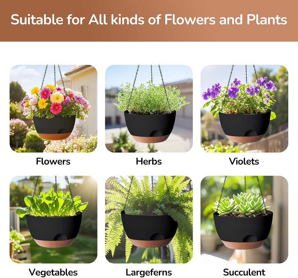 Hanging Planter for Indoor Plants, 10 Inch Self-Watering Hanging Planters with Drainage Holes and Chain, Set of 2 Outdoor Hanging Pots for Garden Home