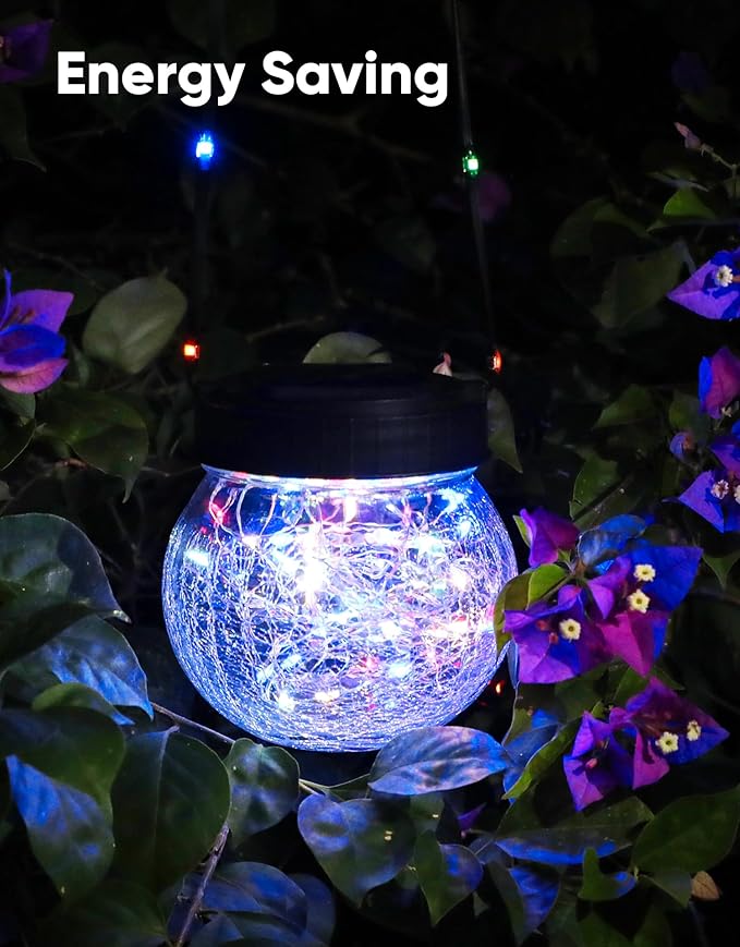 PARTPHONER Solar Lantern Solar Lights Outdoor Waterproof 6-Pack, Solar Powered Hanging Lights Cracked Glass Hanging Globes for Christmas Decoration, Shepherd Hook, Garden Tree Ornaments, Multi-Color