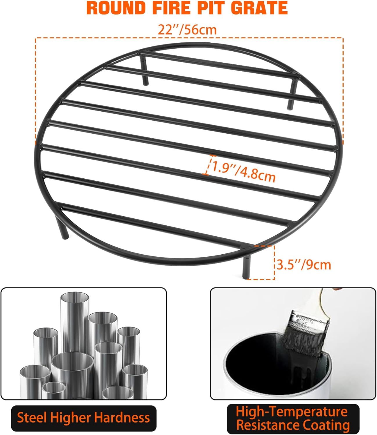 only fire Round Fire Pit Grate with 4 Legs for Outdoor Campfire Grill Cooking, 22 Inch