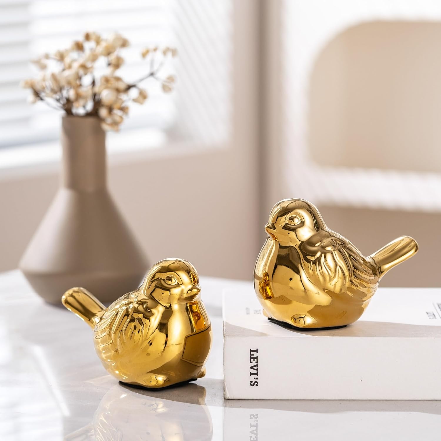 Set of 2 Small Birds Statues Gold Home Decor Modern Boho Style Figurine Decorative Ornaments for Living Room, Bedroom, Office Desktop, Cabinets, Shelf