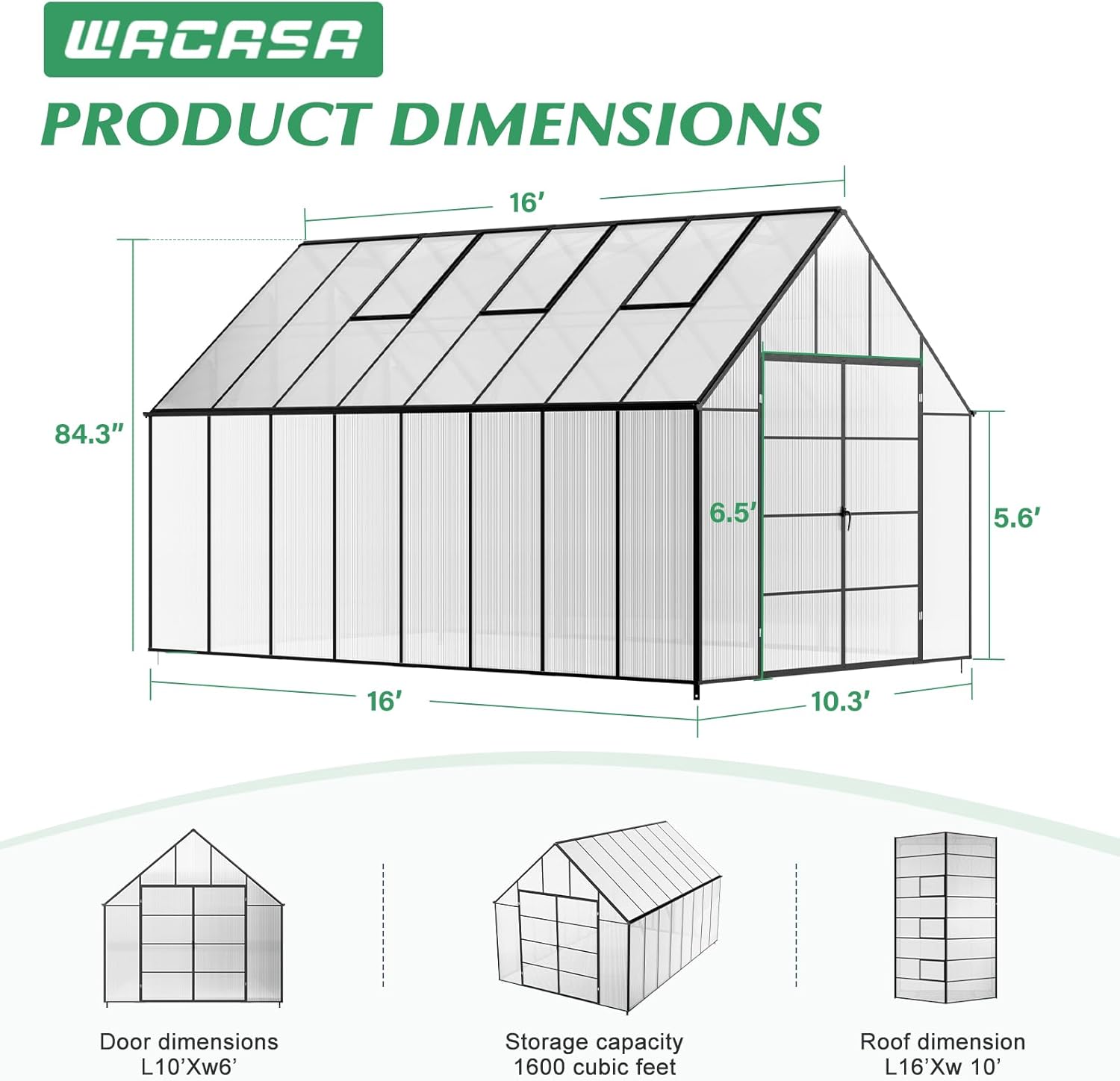 10'x10'x16' Snap-Together Greenhouse - Easy 3-Way Connectors, Heavy-Duty Aluminum Frame, Wind/Snow Resistant for Gardening/Urban Farming, Includes Sliding Door & Ventilation Windows