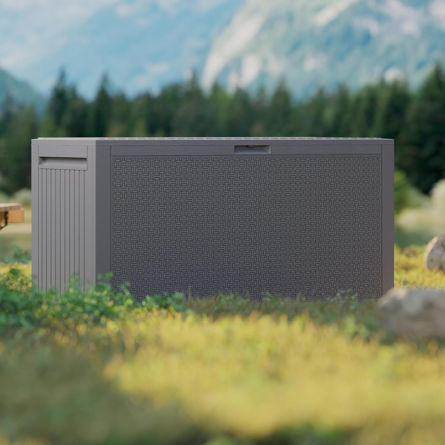 90 Gallon Outdoor Storage Box, Lockable Package Outside Storage Box Waterproof, Patio Cushions Deck Storage Boxes, Rattan Plastic Garden Hose Containers Resin Pool Storage Bins with lids, Grey