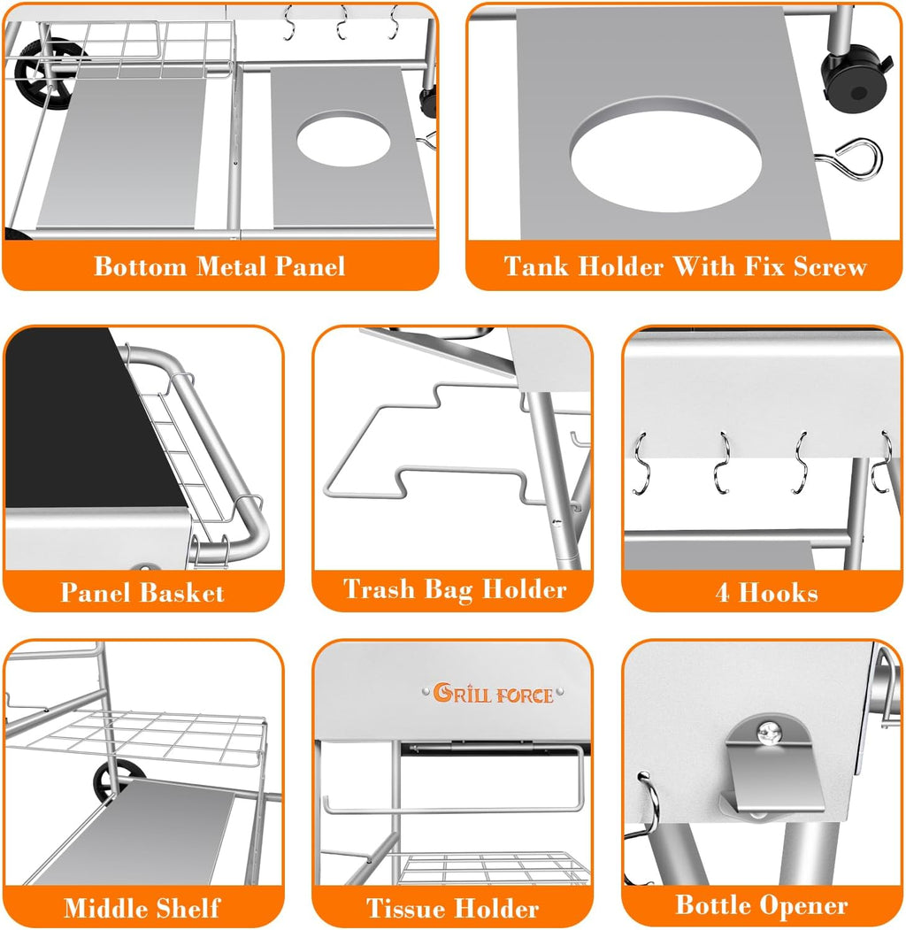 Pizza Oven Table with Topping Station, Outdoor Pizza Oven Cart, Grill Table for Outside, Grill Cart, Food Prep Work cart Fits for Ninja Woodfire Grill, Blackstone Griddle,Tabletop Grill