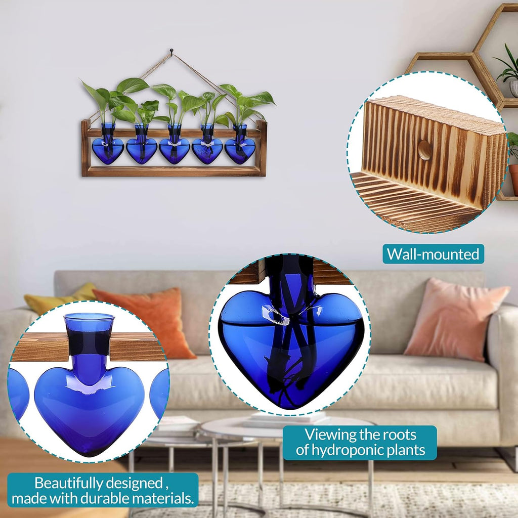 Plant Terrarium Hanging Propagation Stations Gift for Women Air Plants Holder with Wooden Stand Heart Glass