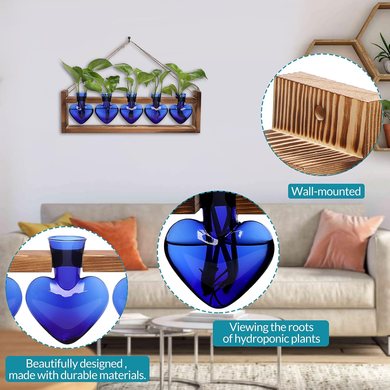 Plant Terrarium Hanging Propagation Stations Gift for Women Air Plants Holder with Wooden Stand Heart Glass