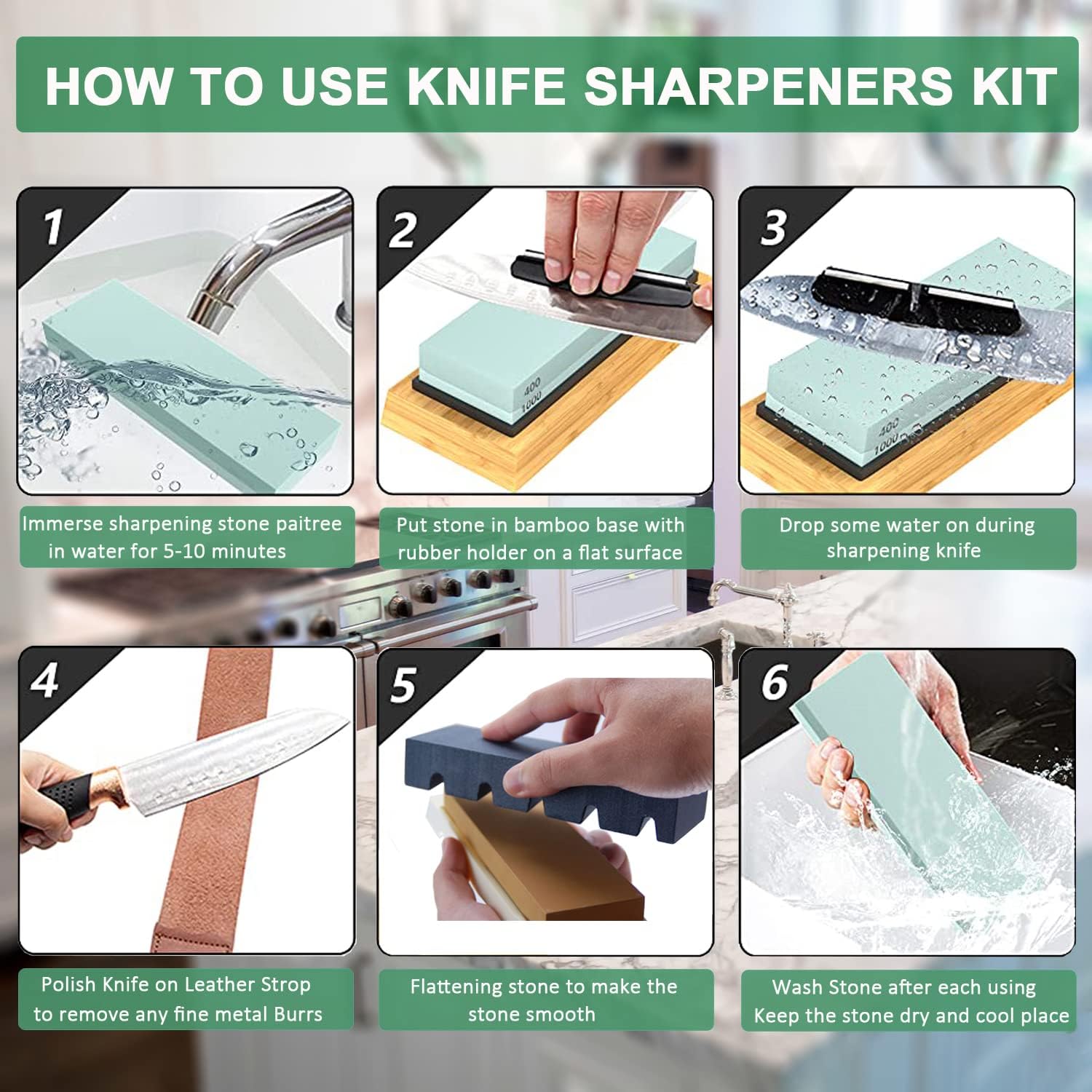 Knife Sharpening Stone Kit – 400/1000 3000/8000 Grit Wet Kitchen Whetstone Knife Sharpener Set with Non-slip Bamboo Rubber Base, Angle Guide, Flattening, Leather Strop and Cut Resistant Gloves