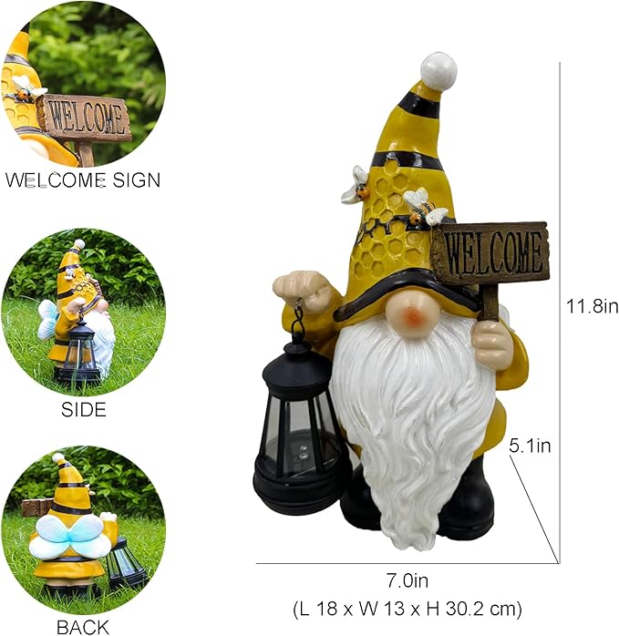 Gnome Garden Statues with Solar Lights Outdoor Gnomes Sculpture Yard Patio Decor for Lawn Ornaments Gardening Gifts（Bee Gnome