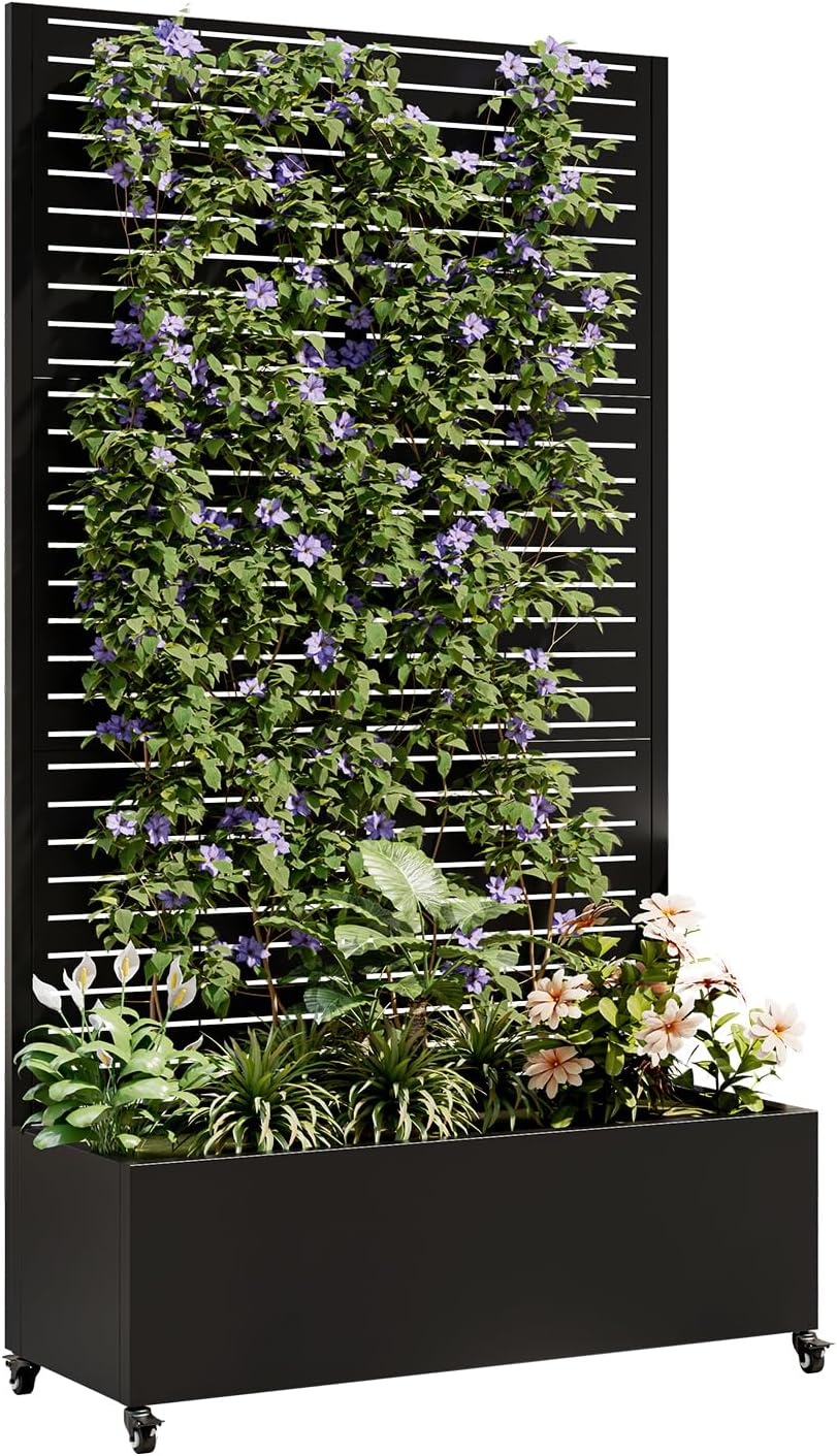 Metal Planter Box with Trellis and Wheels, 73"x35"x16" Galvanized Steel Raised Garden Bed with Drainage Holes and Privacy Screen Function for Climbing Plants, Vegetables, Flowers, and Vines–Black