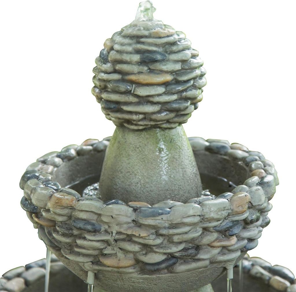 Teamson Home 36.5 in. Outdoor 3-Tier Zen-Style Pedestal Water Fountain in. with Stone Trim with Pump and 2.64 Gallon Capacity, Stone Gray