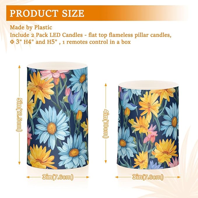 Flickering Flameless Candles, Daisy Flowers Botanical LED Candles with Remote Timer, Set of 2 Battery Operated Candle for Valentine Wedding Birthday