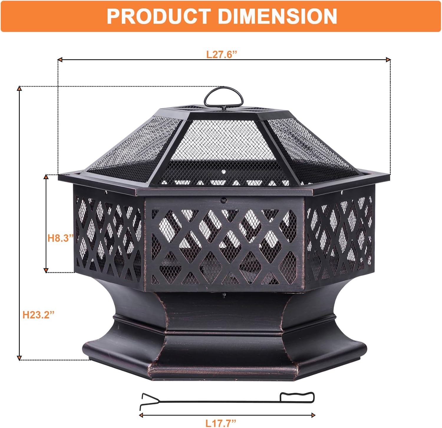 28Inch Outdoor Fire Pit, Hexagon Shaped Wood Burning Firepit for Outside Bonfire, Patio, Backyard and Camping (Antique Bronze)