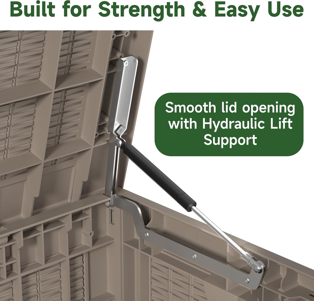 100 Gallon Outdoor Storage Box Waterproof, UV Resistant Resin Deck Box with Hydraulic Rod, Reinforced Stability for Patio, Garden, Rattan Gray