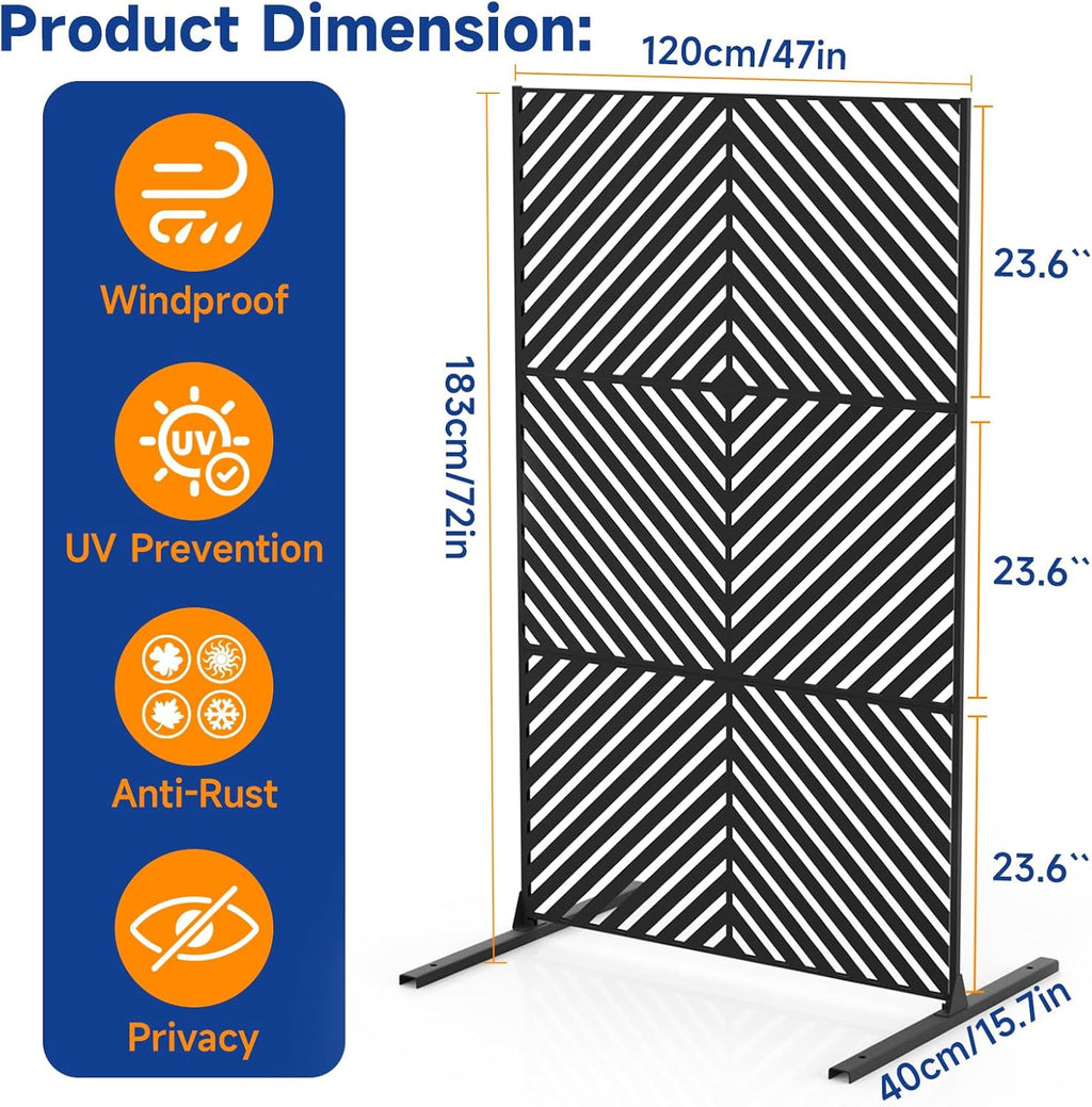 Metal Privacy Screen 72" H x 47.2" Decorative Outdoor Privacy Screen Privacy Panel with Stand for Balcony Deck Patio Lawn Garden, Privacy Fence (Black-Arrow)