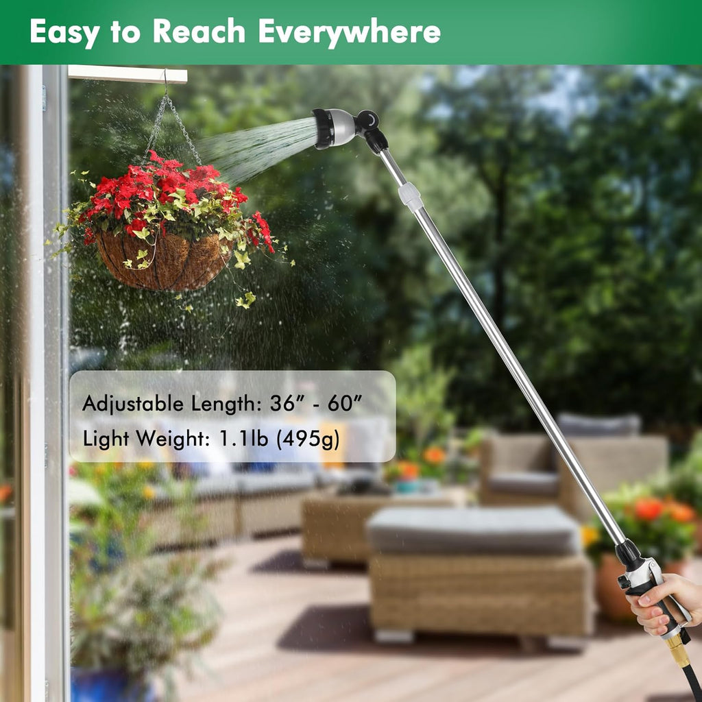 RESTMO Metal Watering Wand, 36”-60” Long Telescopic Tube | 180° Adjustable Ratcheting Head | 7 Spray Patterns | Flow Control, Perfect Garden Hose Sprayer to Water Hanging Baskets, Shrubs, Black